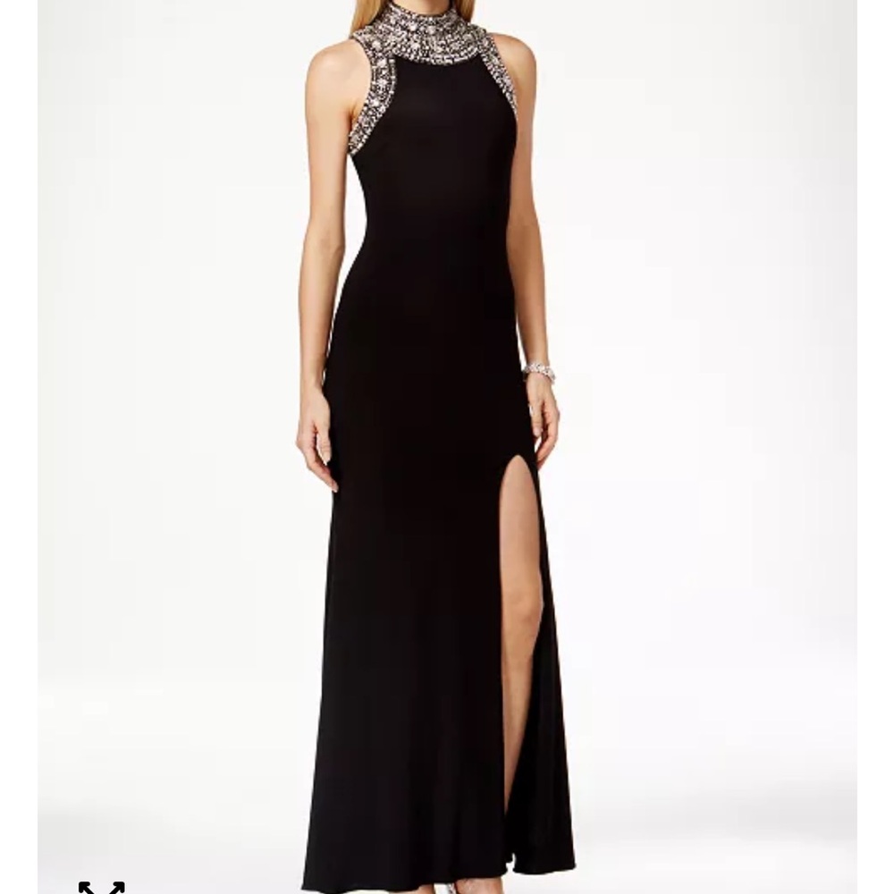 Betsy & Adam Elegant Black Beaded Trim Gown w/High Leg Slit